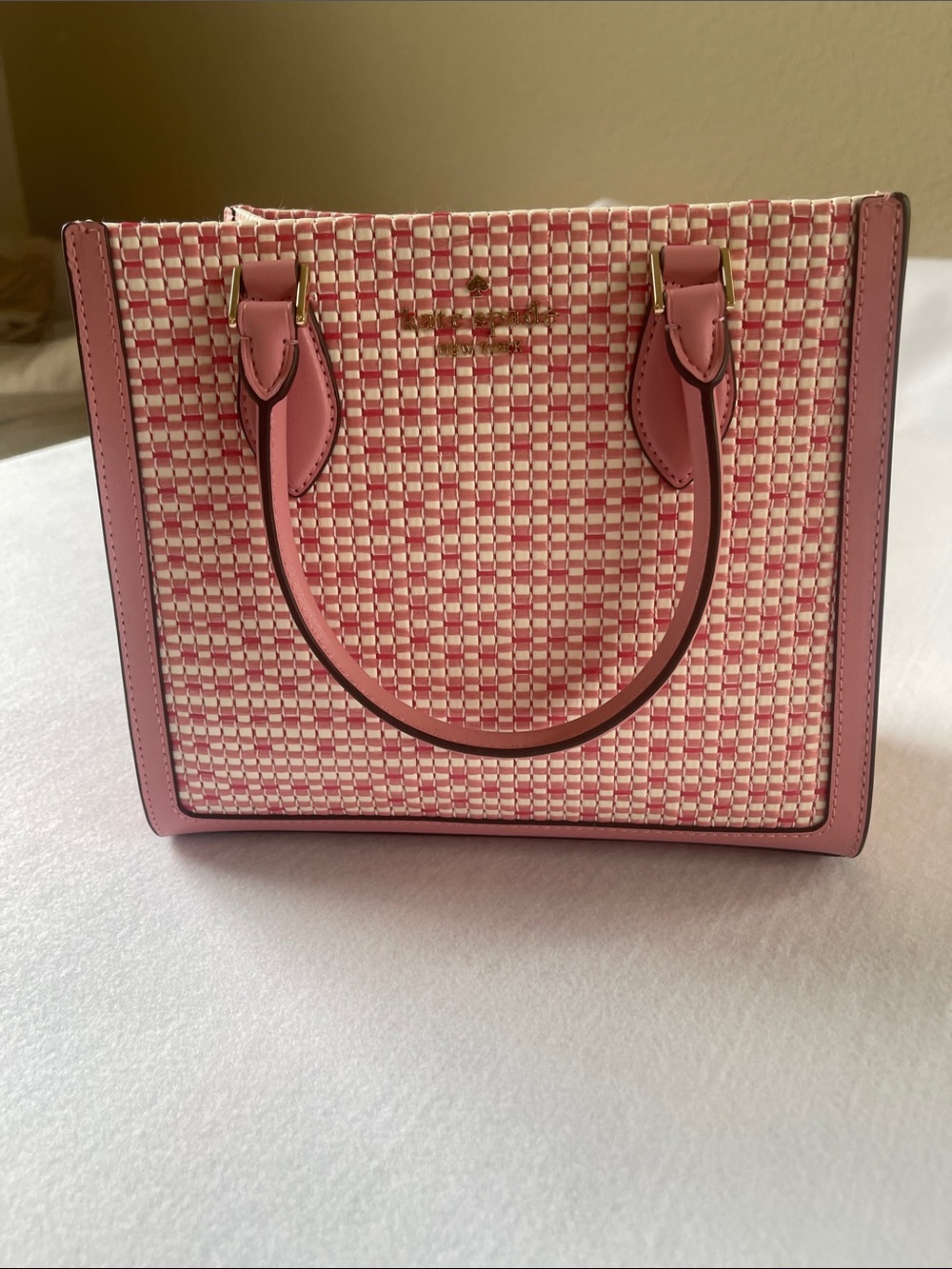 kate spade Pink and Cream Woven Top-Handle Satchel with Crossbody Strap - Picture 9 of 11